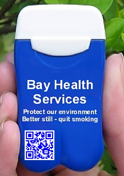 Bay Health Services' Personal Ashtrays also promote quitting smoking and have a QR Code link back to their website!
(note: QR Code scan may not function if scanning this photo)