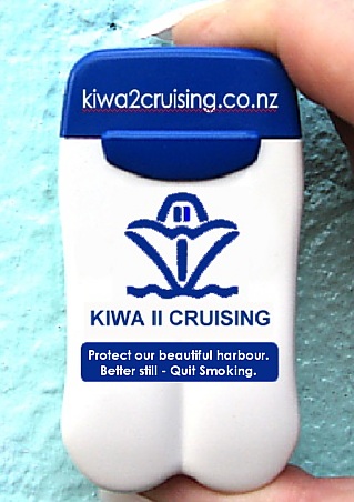 Kiwa II Cruising's Pocket Ashtrays are helping protect New Zealand's Auckland Harbour from cigarette butt litter. Kiwa II Cruising's Pocket Ashtrays are helping protect New Zealand's Auckland Harbour from cigarette butt litter.