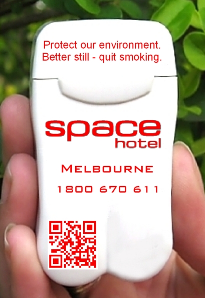 Space Hotel's Branded Personal Ashtray with QR Code.